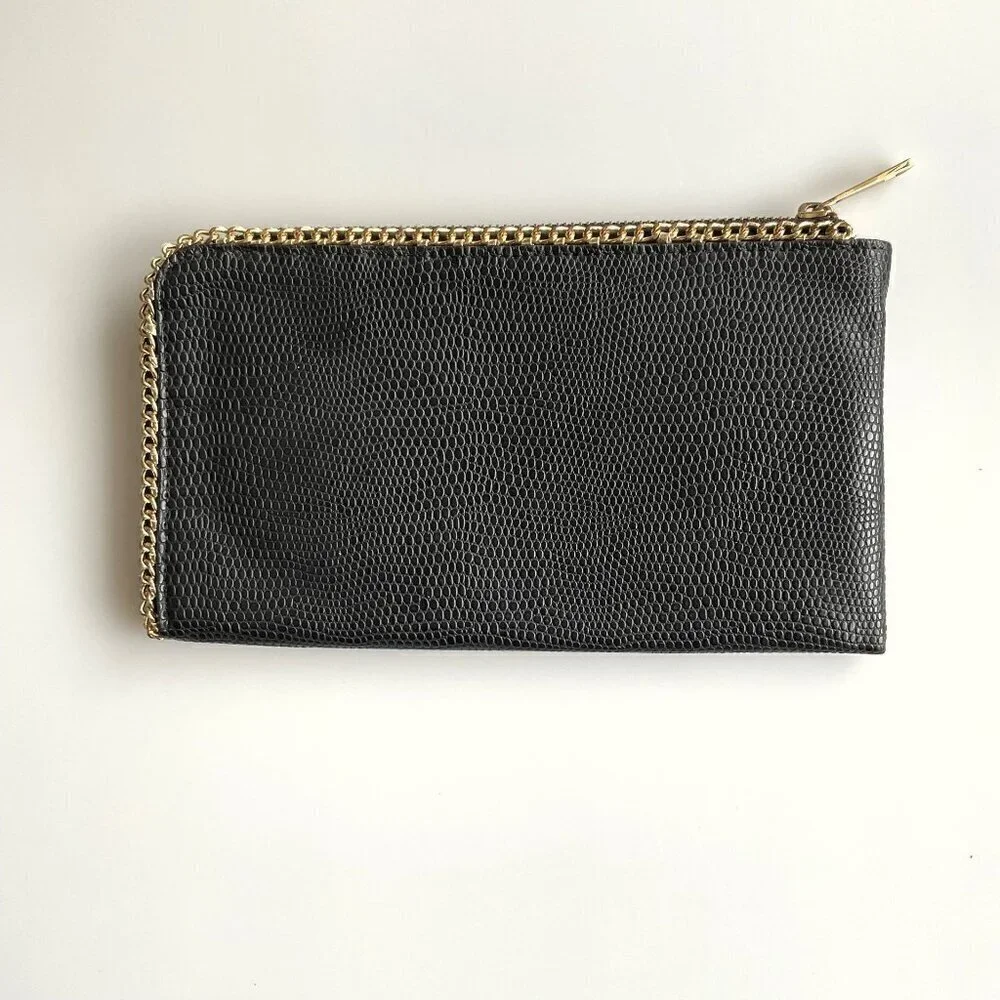 BLACK FAUX  SNAKE SKIN CLUTCH PURSE WITH  GOLD CHAIN DETAIL